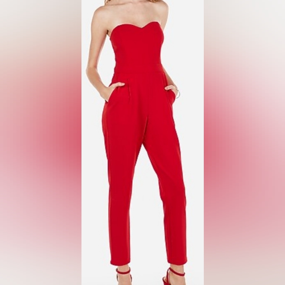Express Vibrant Red Strapless Jumpsuit